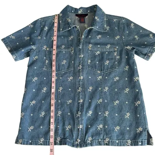 Denim & Co Short Sleeve Floral Eyelet Embroidered Jean Chambray Zip Up Top Small
