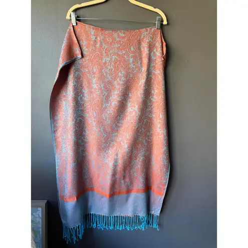 Orange and Turquoise Paisley Patterned Scarf with Fringe
