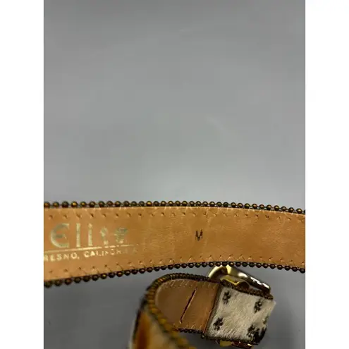 Vtg Elite Animal Print Leather Belt Brass Buckle Black Size M