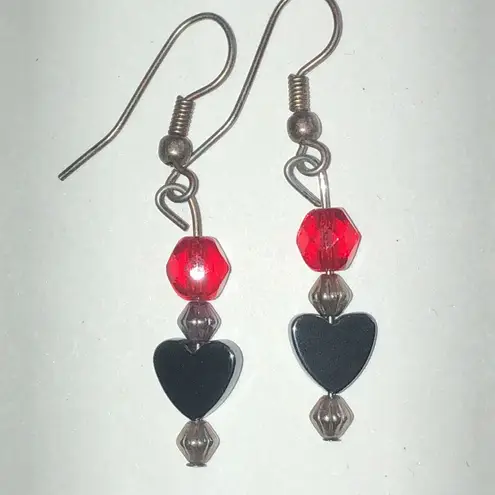 Black Metallic Hematite Heart Drop Earrings with Red and Silver Accents