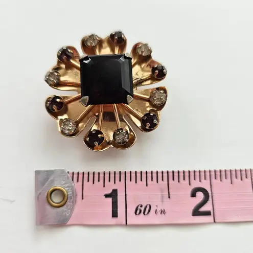 Antique Leo Glass Sterling Gold Tone Metal Dark Purple Rhinestone Flower Brooch