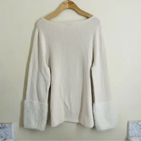 J. Jill Plush Sleeve Sweater Women’s XL Cream Knit Faux Fur Cuff Pullover