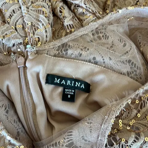 NWT Marina Round Neck Short Flutter Sleeve Sequin Lace Column Gown Wedding Guest Pink Size 8