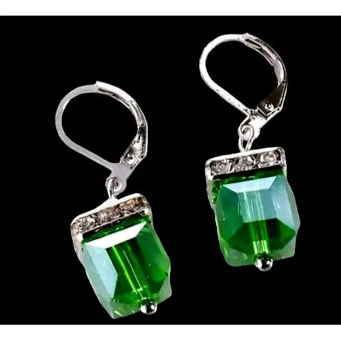 Light Emerald Earrings New Square Cube Rhinestones May Wedding Bride Cru… Green