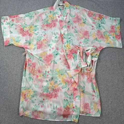 Morgan Taylor Intimates Robe Floral Vintage Size M/L Belted Short Sleeve Sheer