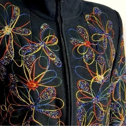 VINTAGE Boho Jacket Women’s Medium Front Zip Embroidered Sequin Floral Anage Black