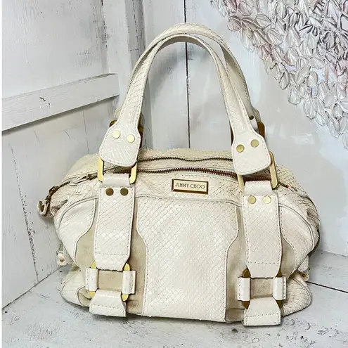 Jimmy Choo Python Suede/Leather Mahdi cream Double Top Handle Satchel Handbag