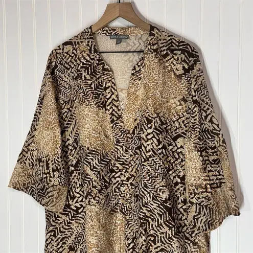 Jessica London 18W Brown Animal Print Linen Blend Tunic Top Boho Safari Blouse