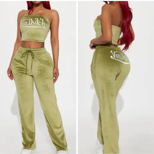 Von Dutch Velour Matching Set Wide Leg Track Pant Tube Top Olive Green- Size 1X