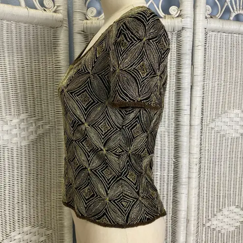 Papell Boutique Vintage 90s Evening Silk Beaded Top S Black Gold Holiday Glam