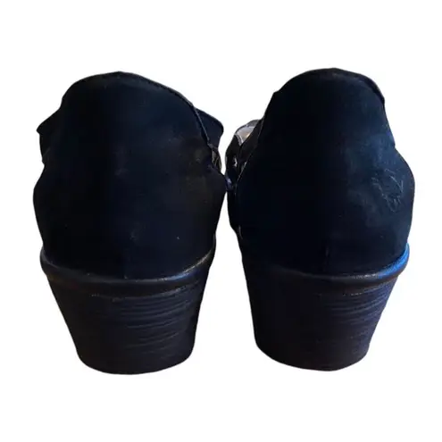 Fly London Yadi Black Leather Nubuck Suede Slip Strappy Wedge Sandals 41 10-10.5