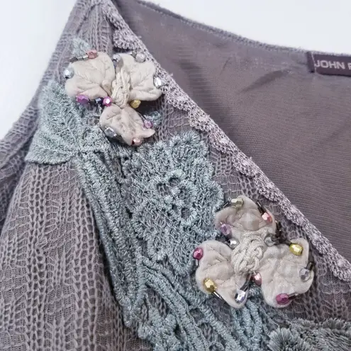 John Fashion Linen Blend Fairy Floral Dress Crochet Knit Green Size M