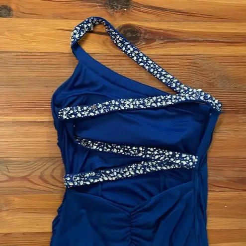 Hailey Logan Adrianna Papell Blue One shoulder Knit Evening Gown Womens Size 7/8