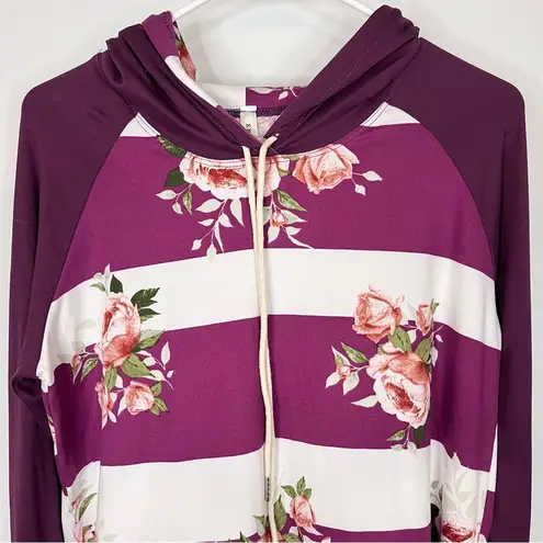 EMERALD Magenta Plum Purple Striped Floral Lightweight Hoodie Small