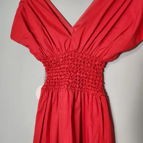 STAUD Jackson Hibiscus Red Smocked Midi Dress Cotton Poplin Holiday Fit & Flare