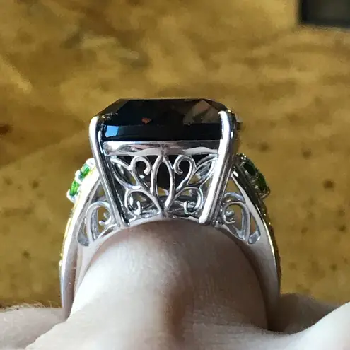 Genuine Smoky Quartz Chrome Diopside Sterling Silver Ring Size 7 Green