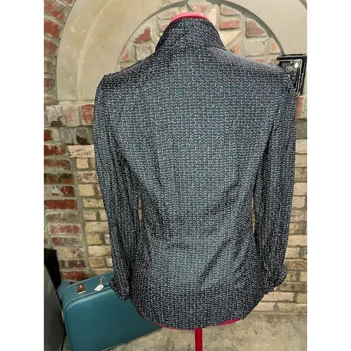 Button Down blouse abstract pattern black blue purple yellow kitten bow Size M