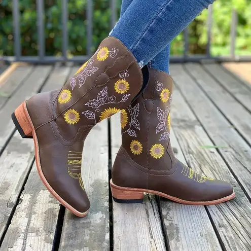 Nokio Iconic Flower Embroidered Brown Yellow Mid Calf Western Cowgirl Boots US 8