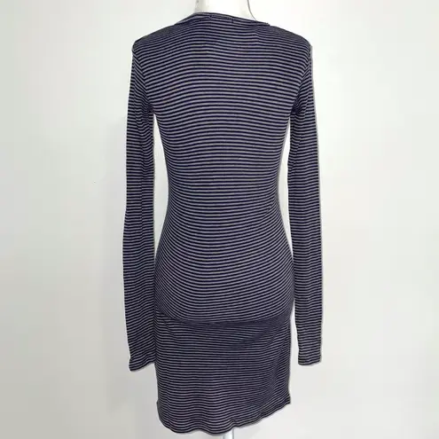 LA Made New Striped Ribbed Knit Long Sleeve Henley Mini Dress Navy Grey