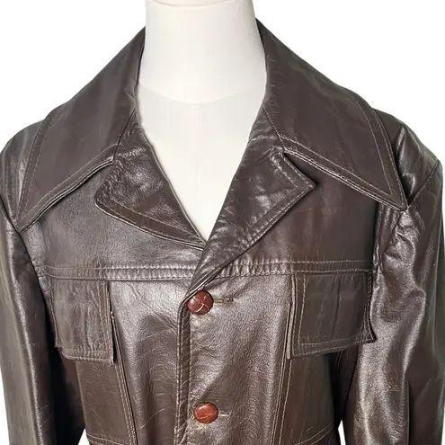 Vintage 70s Brown Leather Safari Jacket Belted Boho Utility Coat Women's M/L Size XL