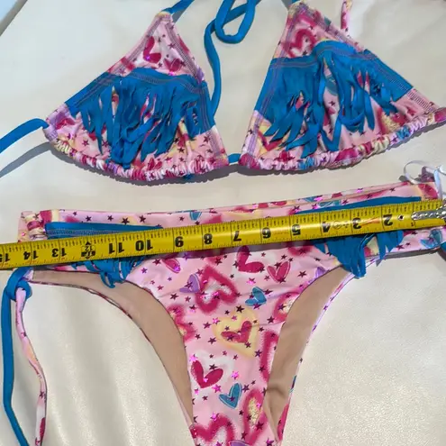 Women large Colorful Fringe triangle Bikini top side ties bottom hearts stitch Pink