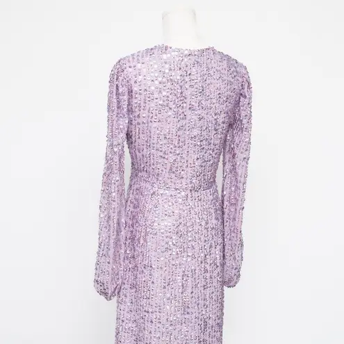 Mac Duggal Purple Sequin Puff Sleeve V Neck Midi Dress