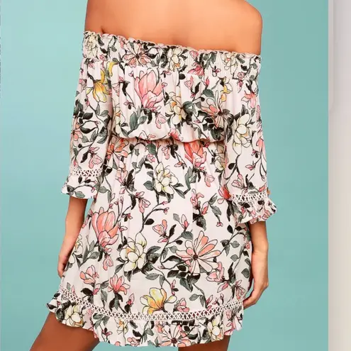 Lulus Hello Darling Blush Pink Floral Print Off the Shoulder Dress LARGE