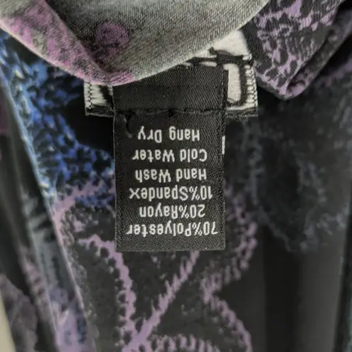 CLARA SUN WOO Black and Purple Floral Slinky Knit Tunic Top Large 3/4 sleeve