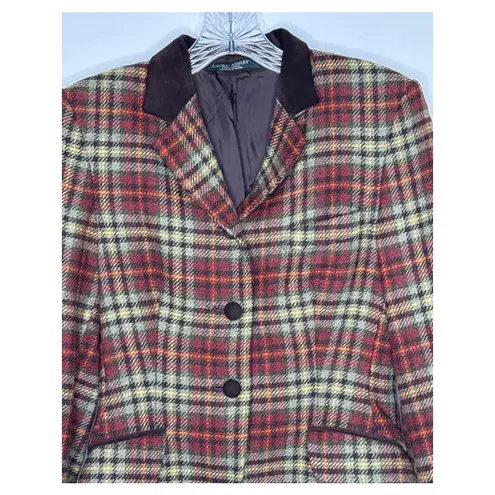 Laura Ashley Vintage brown Plaid Wool Blazer suede collar Equestrian Academia 4