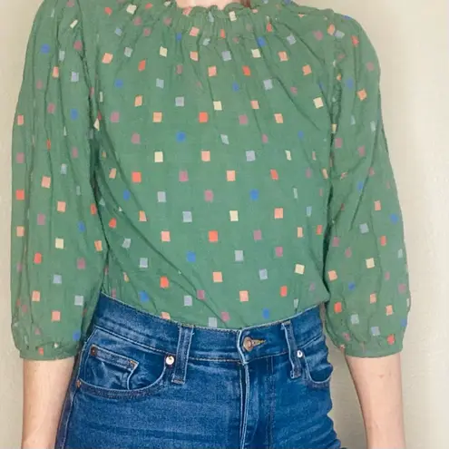 Ro & De Anthropologie  Green Ruffle Colorful Square Blouse