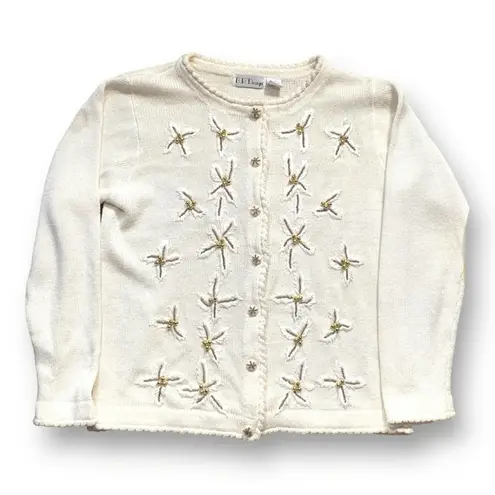 Winter Off White Beaded Floral Cardigan Sweater Embroidered Button Front Large Gold