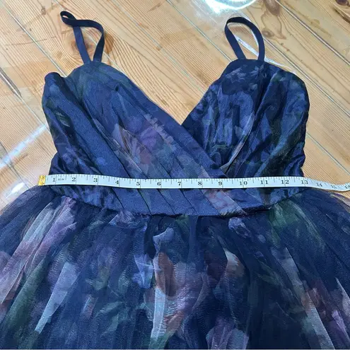 Elaborate Elegance Navy Floral Print Tulle Pleated Midi Dress Blue