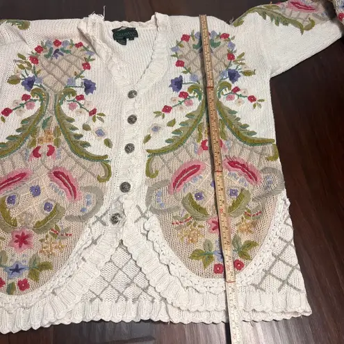 Cullinane Hand Knit Vtg 80s Sweater Floral Button Up VNeck 3d Women’s Sz MED