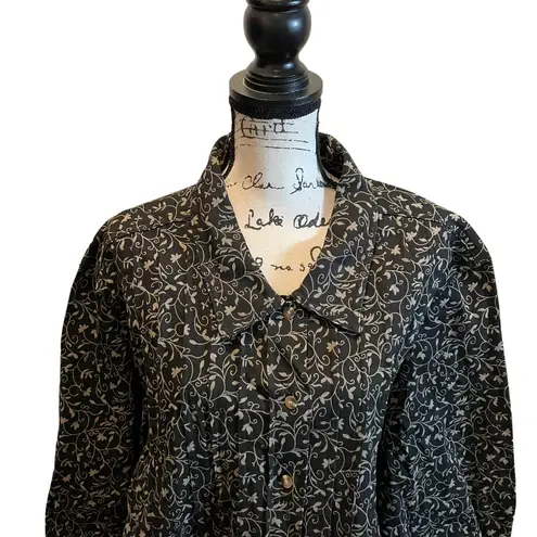 Denim & Co Floral Shirt Jean Jacket Black Tan 2X Shacket Pleated front oversized