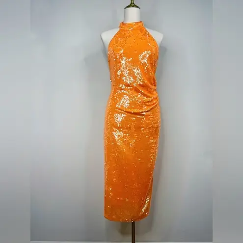 NEW Caroline Constas Bright Orange High Neck Sequin Midi Dress Size Medium