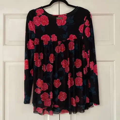 Matilda Jane Winter Blooms Long Sleeve Pink Rose Floral Tulle Overlay Black Top