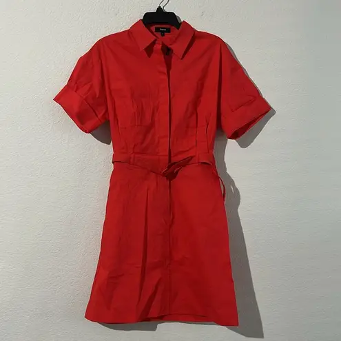 Theory  Linen-Blend Eco Crunch Belted Casual Shirt Dress Poppy Red, NWT, Size 4