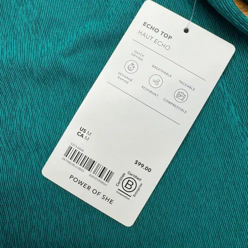 Athleta  Echo Top Teal Textured Short Sleeve Collared Button Front Women's Medium