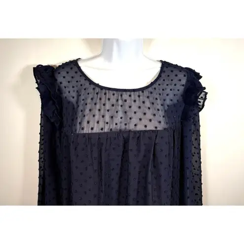 Midnight Doll Sheer Navy Blue Dotted Tier Ruffle Dress Long Sleeves Size L Romantic Whimsy