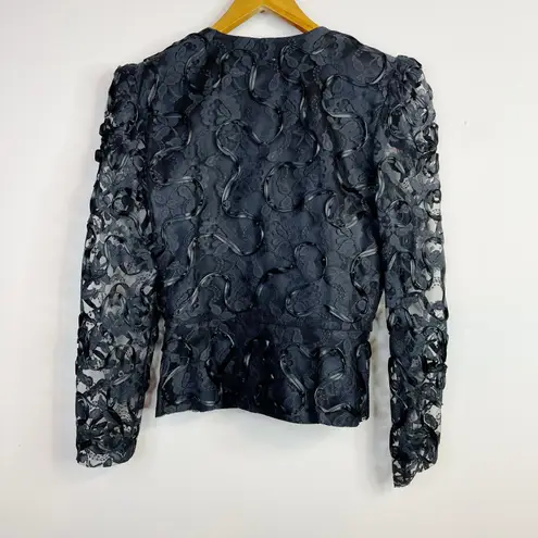 Vintage Patra Black Lace Ribbon Soutache Mesh Fitted Jacket Puff Shoulders Bow 6