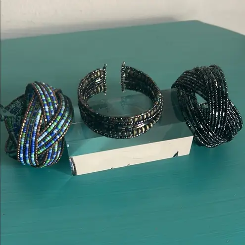 Set 3 Adjustable Wire Cuff Multicolored Glass Hematite Tigers Eye Bead Bracelets Black