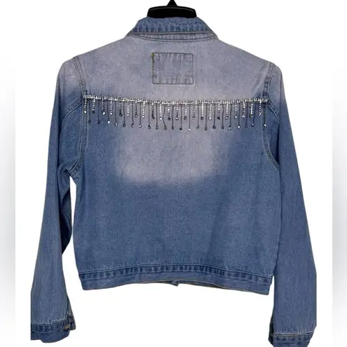 The Style Between Us Denim Fringe Rhinestone Fringe Jean Jacket Size Medium