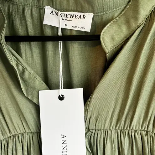 Annie Wear Olive Green Button Down Ruffle Sleeve Blouse Top Size M