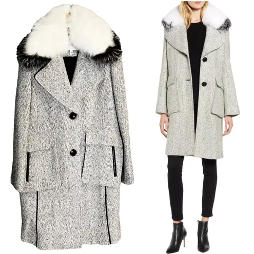 Derek Lam 10 CROSBY Tweed Coat Wool Fur Collar Pockets White Black Designer 8