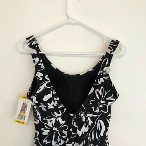 Hurley NEW NWT  Black White Floral Scoop Neck Low Back One Piece Swimsuit Medium