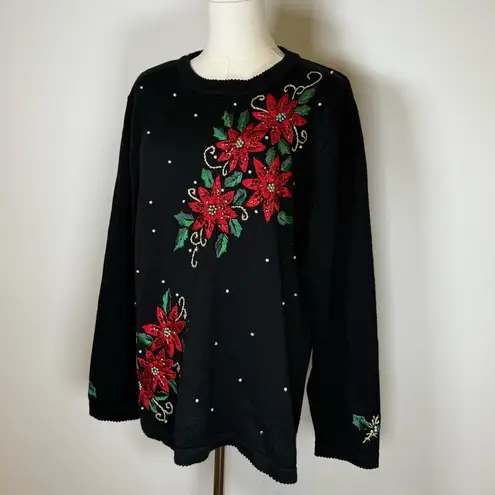 Basic Editions Holiday Sweater Cotton Blend Sequin Bead Embroidery Womens Large Black