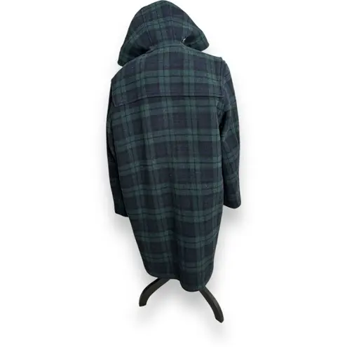 J. Crew Plaid Wool Peacoat Toggle Hooded Coat Green Blue Women's Size Large