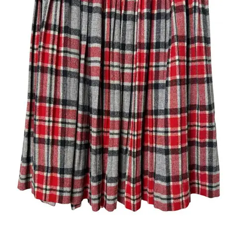 Vintage 70s Wool Pleated Skirt Red Gray Plaid Tartan High Waist, Size Small