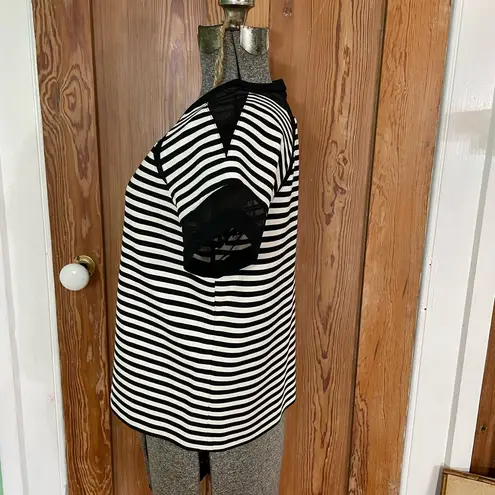 Lafayette 148 Black White Stripe Mesh Shoulder Double Zip Top Size Small