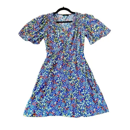 F&F  blue floral flutter sleeve A-line dress small